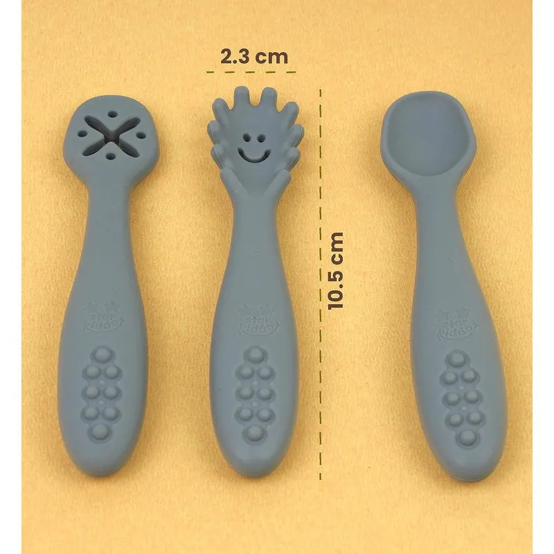 3Pcs Silicon Baby Fork and Spoon Set | Baby Weaning Spoon Set | Self Feeding (Grey)
