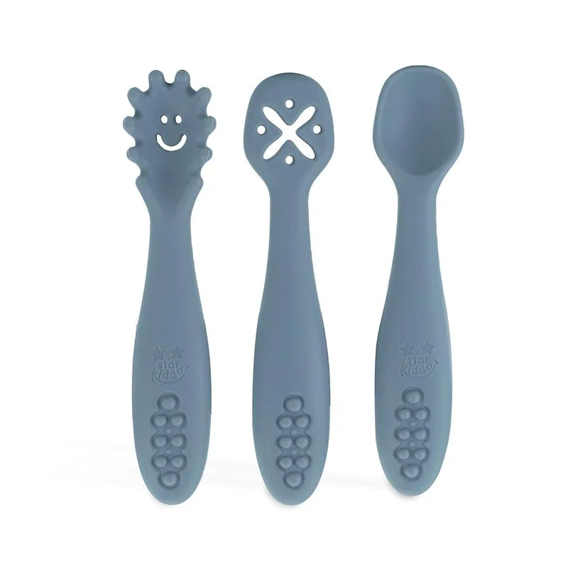 3Pcs Silicon Baby Fork and Spoon Set | Baby Weaning Spoon Set | Self Feeding (Grey)