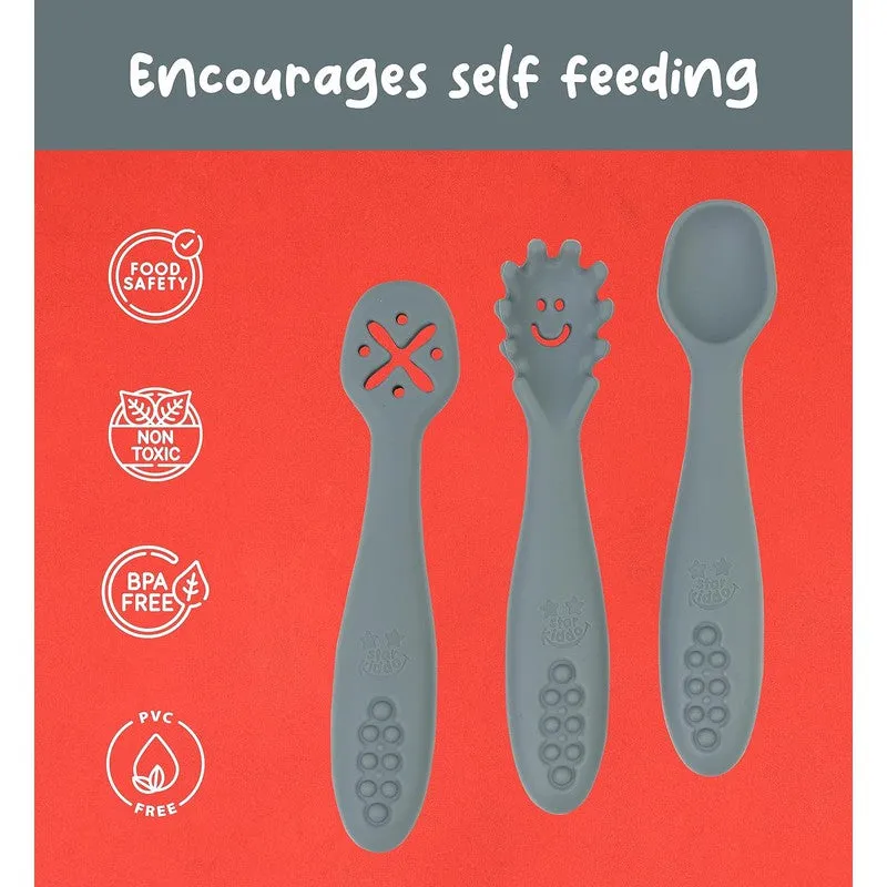 3Pcs Silicon Baby Fork and Spoon Set | Baby Weaning Spoon Set | Self Feeding (Grey)