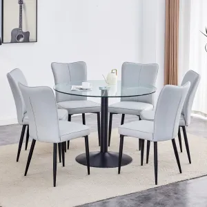 42" Glass Round Dining Table with Black Metal Base   6 Gray PU Chairs, Vertical Stripe Design