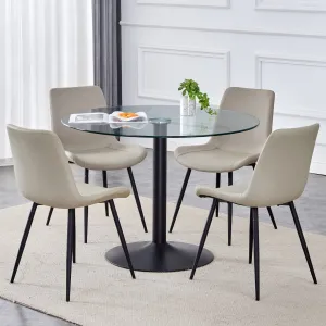 42" Round Glass Dining Table Set with 4 Leather Chairs, Black Metal, Curved Cushions