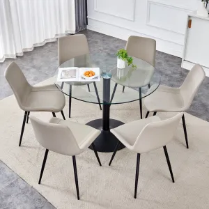 42" Round Glass Dining Table Set with 6 Leather Chairs, Black Metal Base-Legs