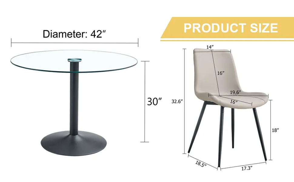 42" Round Glass Dining Table Set with 6 Leather Chairs, Black Metal Base-Legs