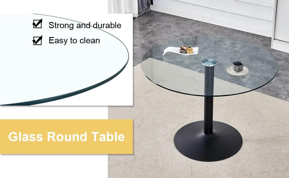 42" Round Glass Dining Table Set with 6 Leather Chairs, Black Metal Base-Legs