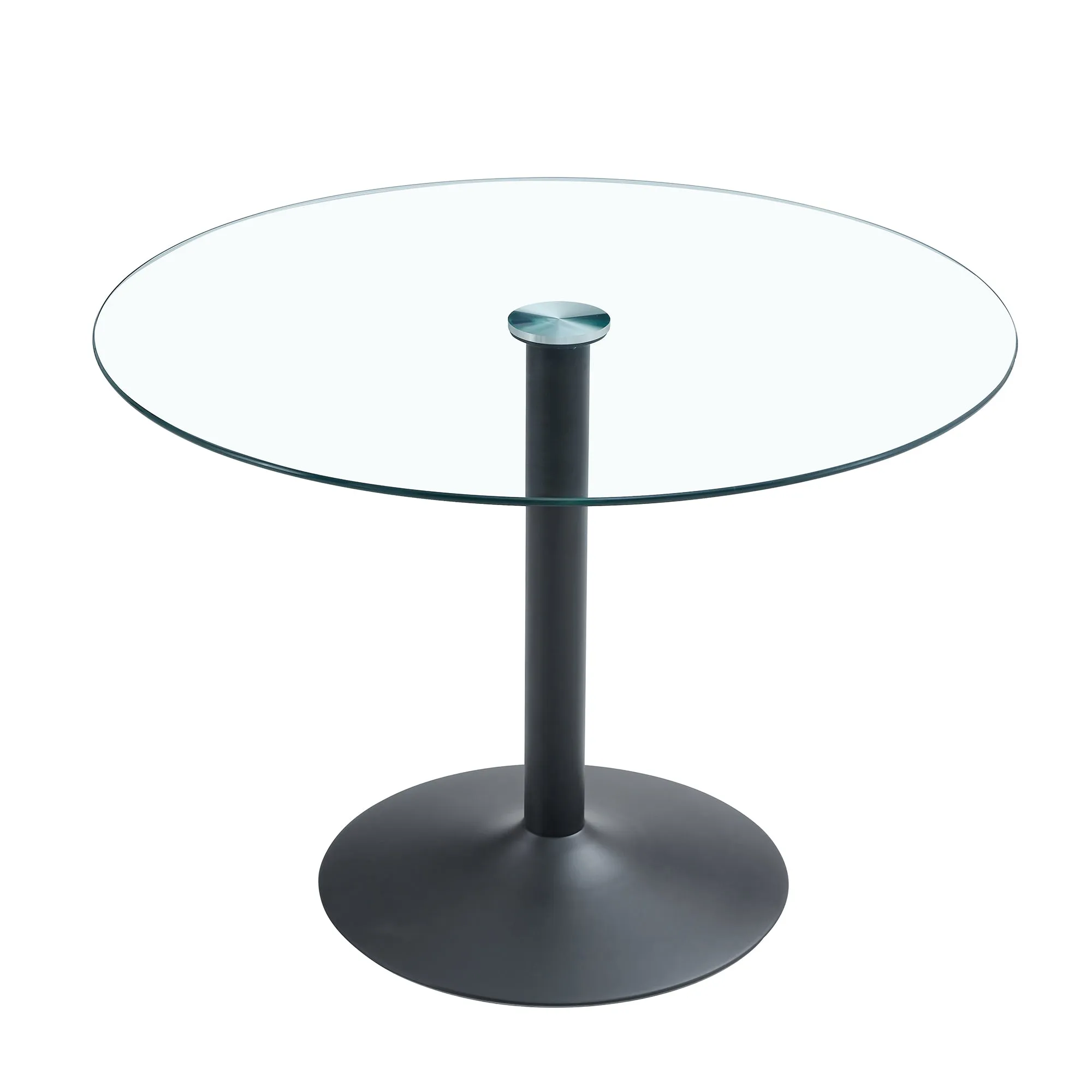 42" Round Glass Dining Table Set with 6 Leather Chairs, Black Metal Base-Legs
