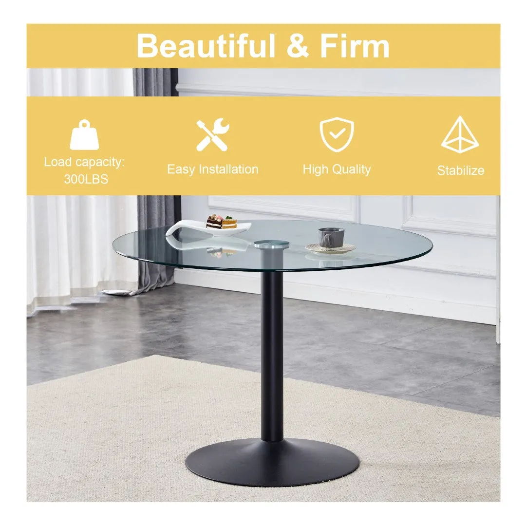 42" Round Glass Dining Table Set with 6 Leather Chairs, Black Metal Base-Legs