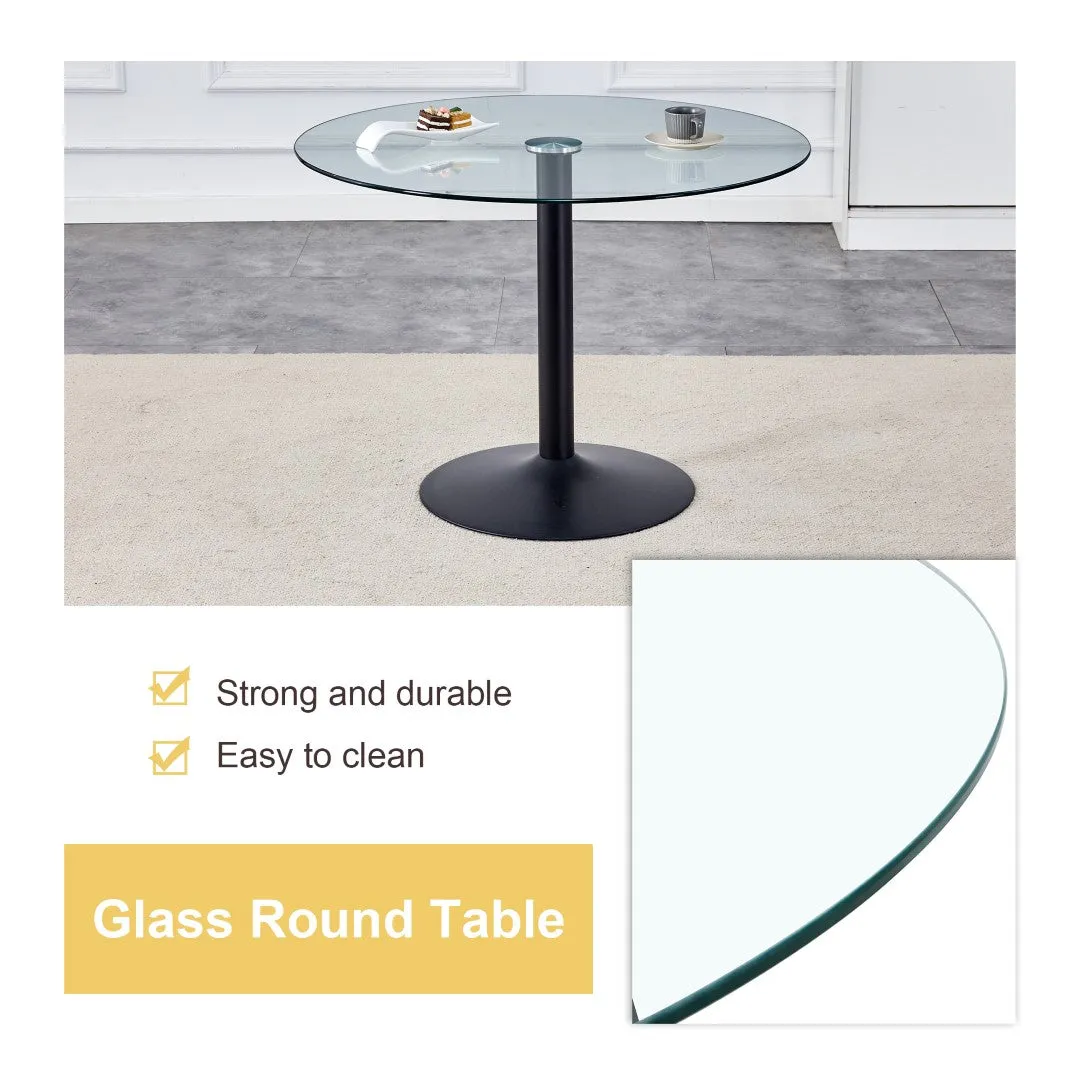 42" Round Glass Dining Table Set with 6 Leather Chairs, Black Metal Base-Legs