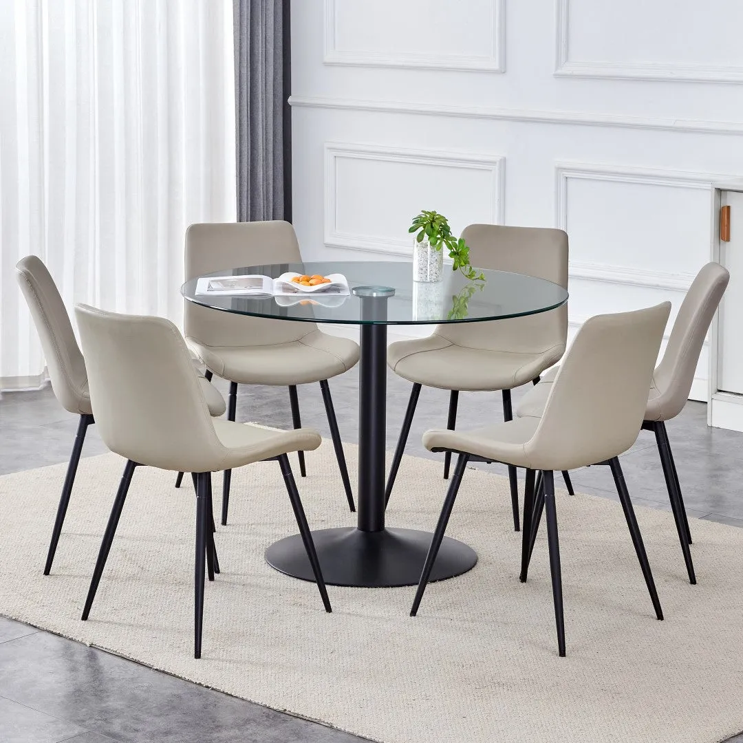 42" Round Glass Dining Table Set with 6 Leather Chairs, Black Metal Base-Legs