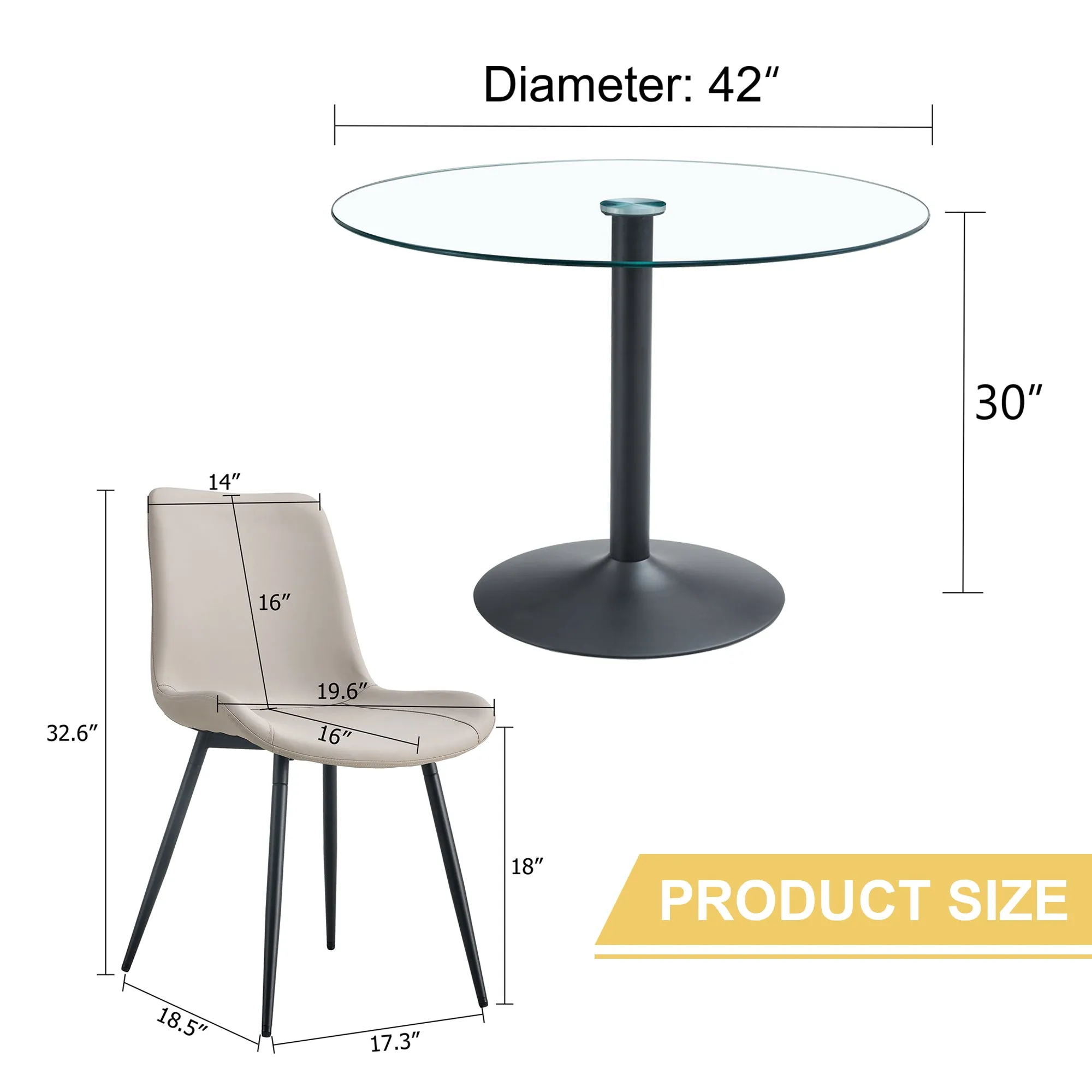 42" Round Glass Dining Table Set with 6 Leather Chairs, Black Metal Base-Legs