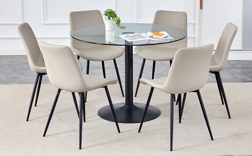 42" Round Glass Dining Table Set with 6 Leather Chairs, Black Metal Base-Legs