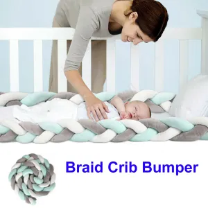4M Kid Cot Bumper | Braid Pillow Nursery Newborn Crib Bed Padded Protector | Decor | Gray White Green