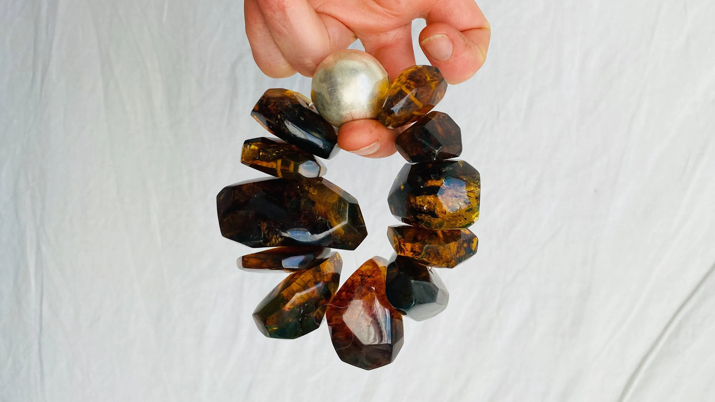 Amber and Sterling Silver Beaded Bracelet. Faceted. Chunky