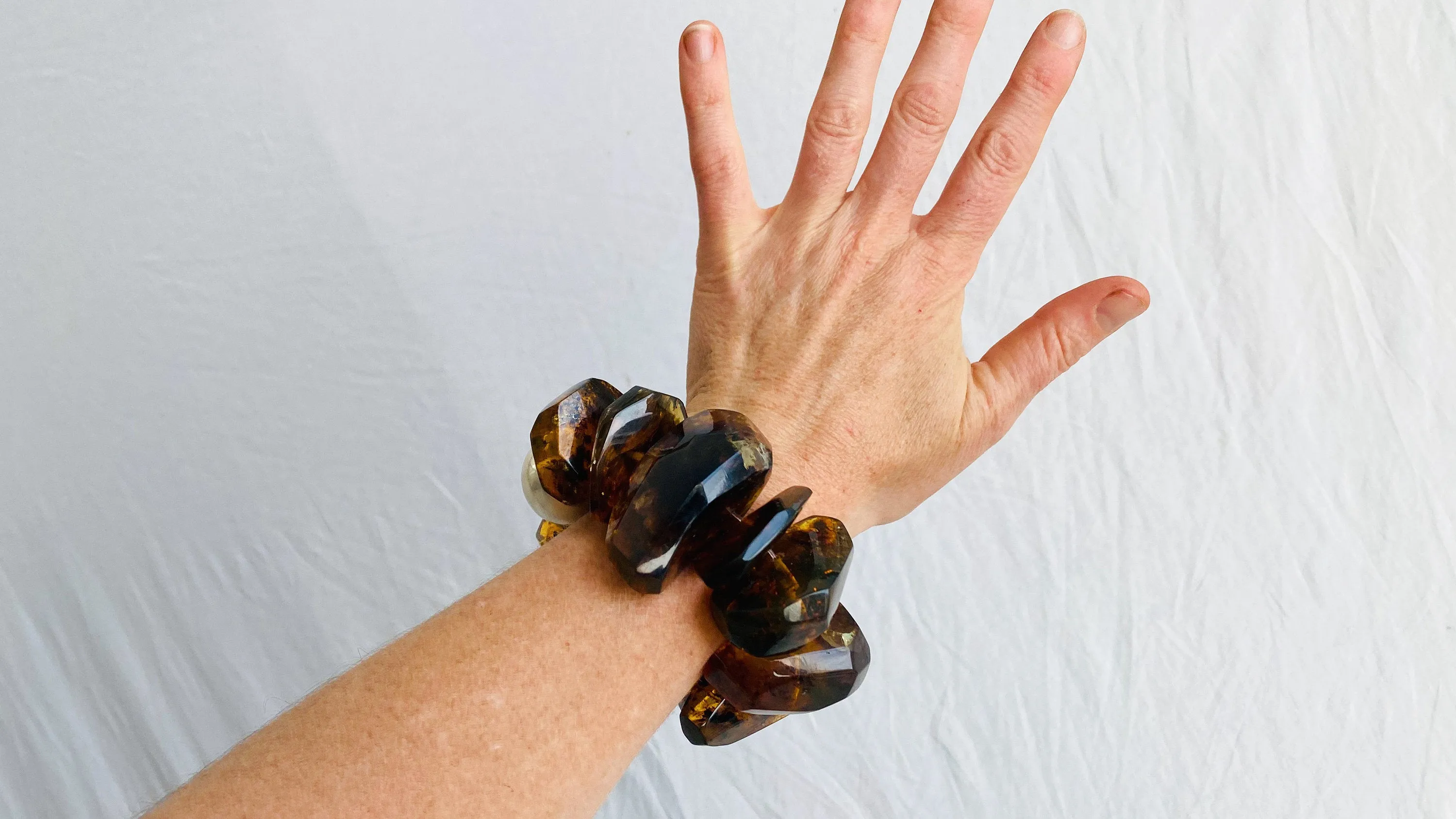 Amber and Sterling Silver Beaded Bracelet. Faceted. Chunky