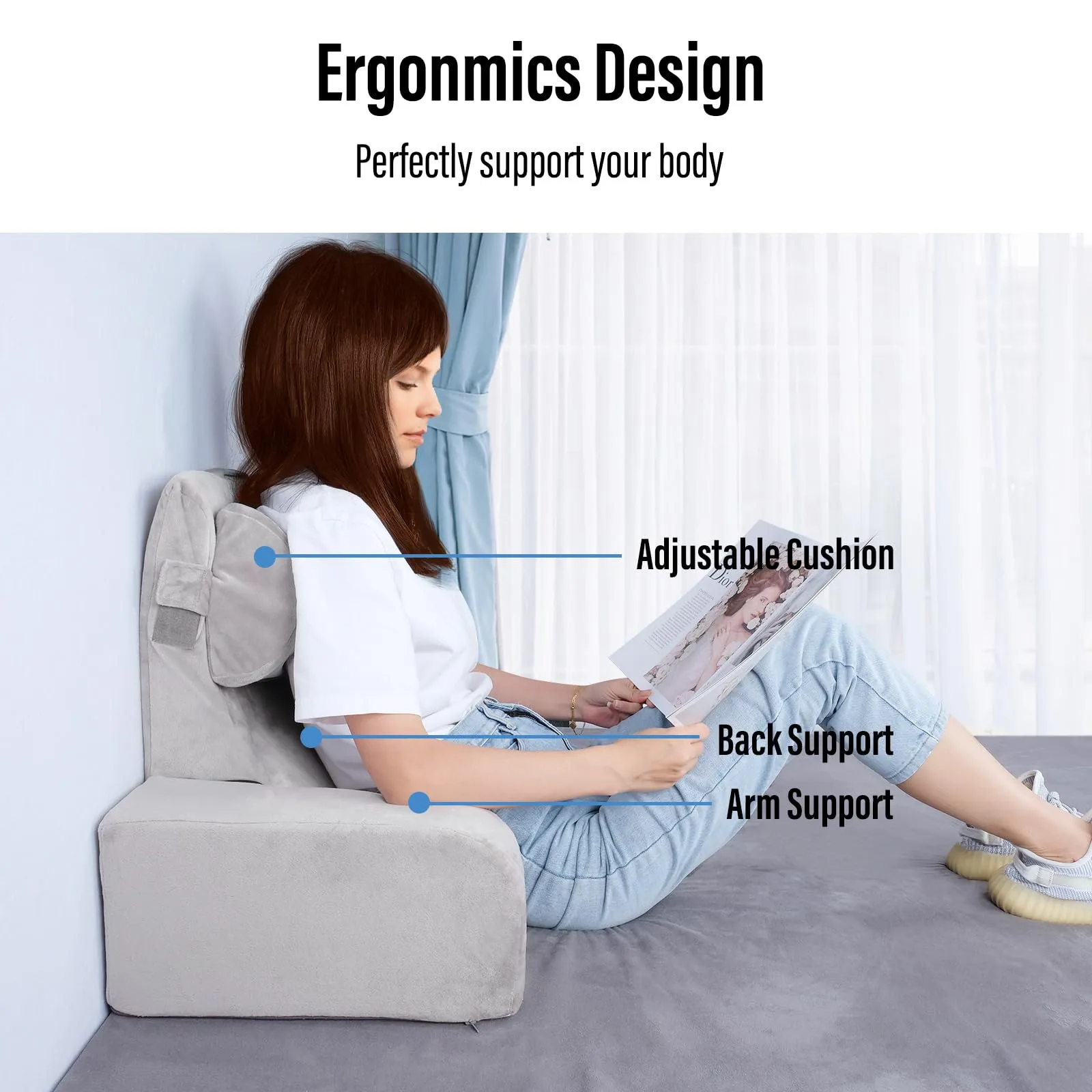 Back Support for Relaxing Lightweight Bed Reading Pillow with Arms