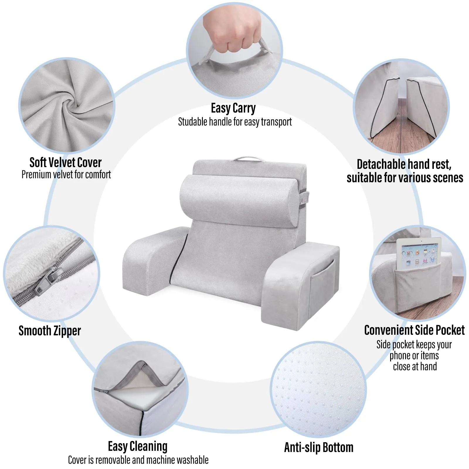 Back Support for Relaxing Lightweight Bed Reading Pillow with Arms