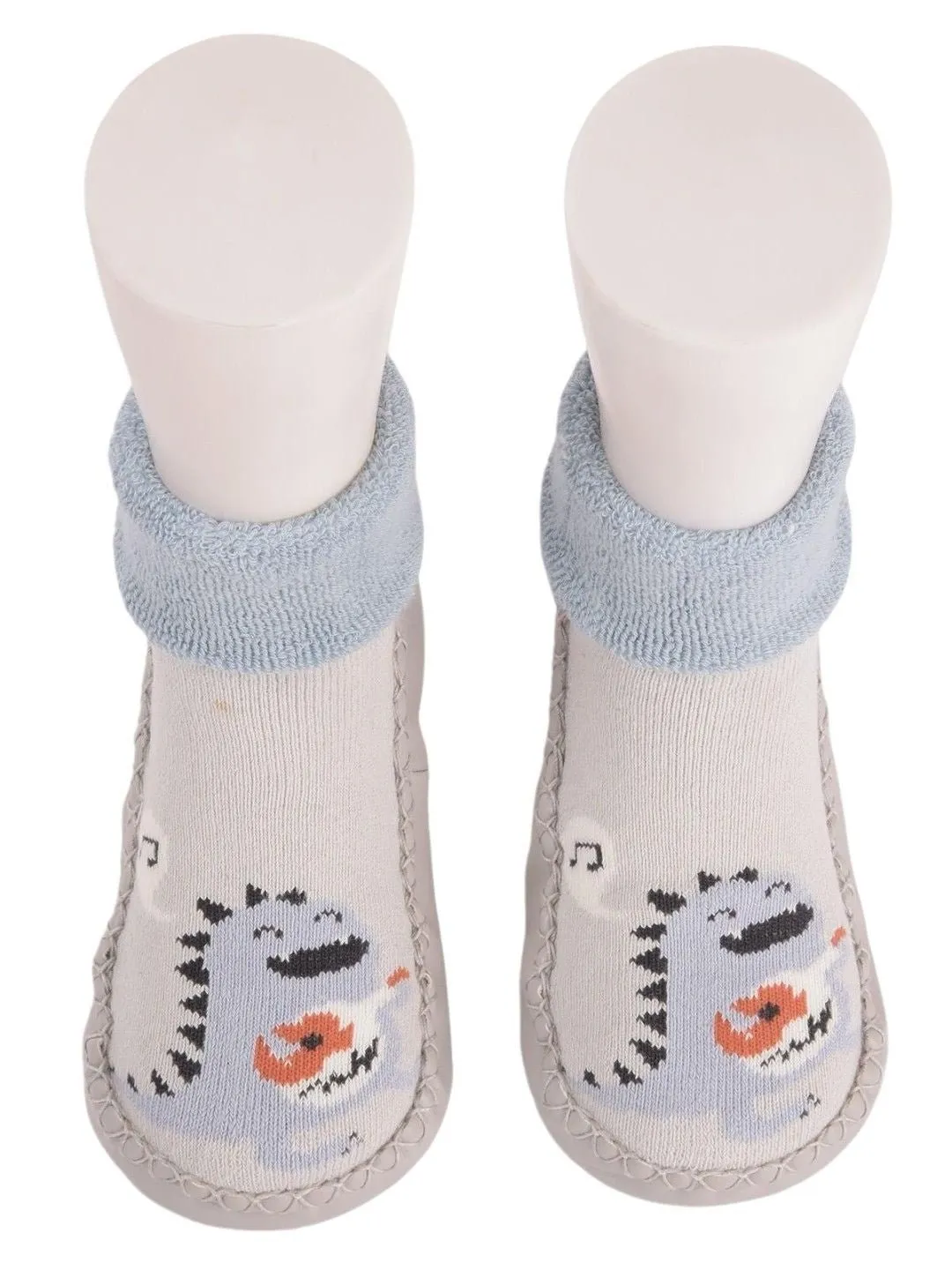 Boys Dinosaur Face Socks – Soft Grey and Blue Design