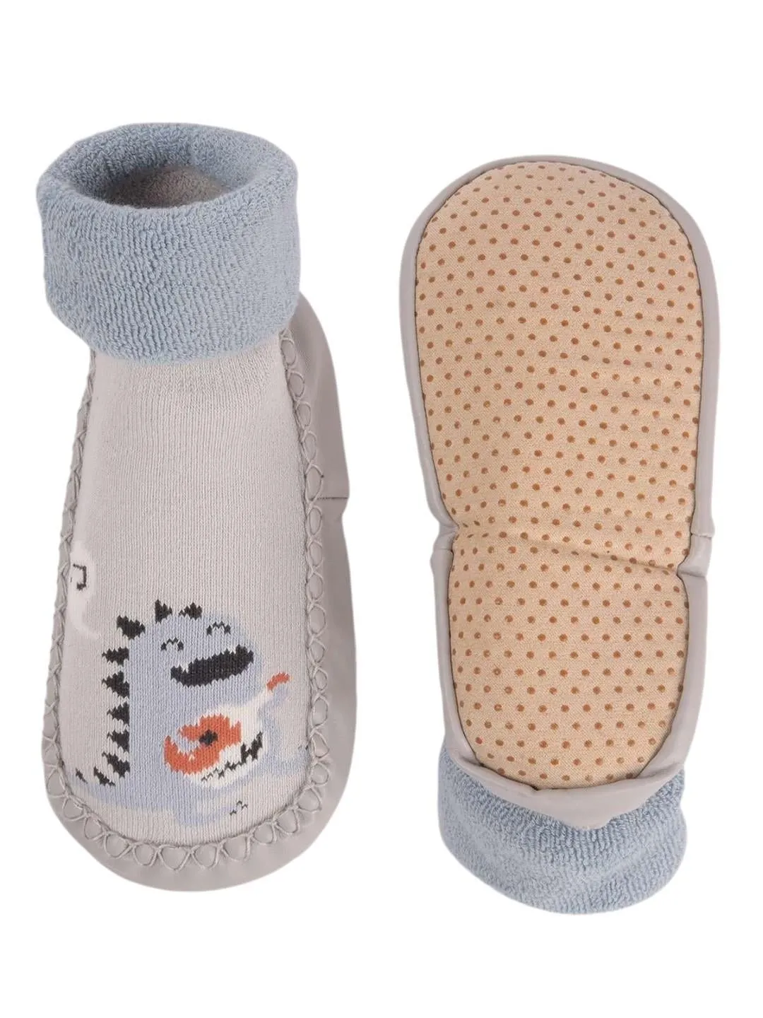 Boys Dinosaur Face Socks – Soft Grey and Blue Design