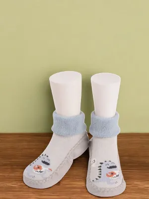 Boys Dinosaur Face Socks – Soft Grey and Blue Design