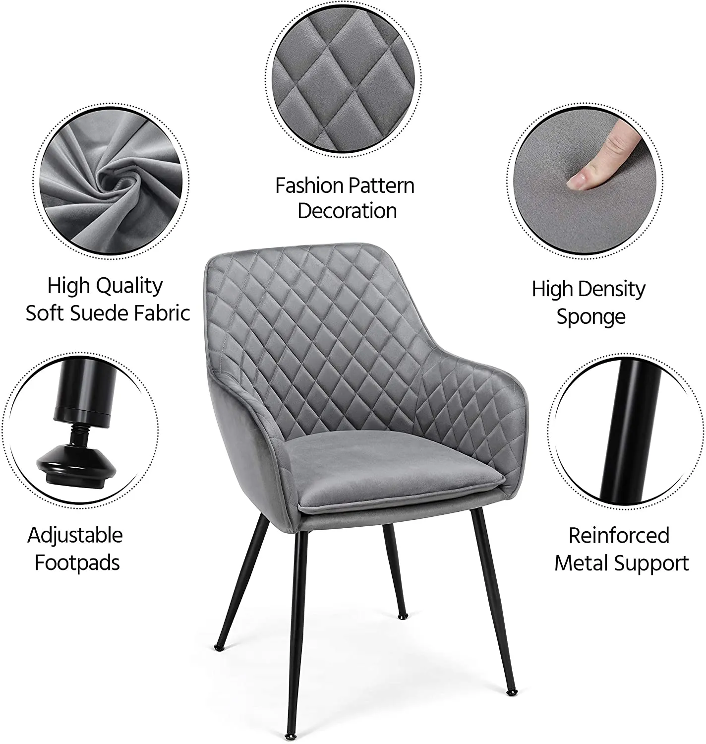 Dining  Velvet Armchairs Steel Legs Upholstered Gray, 6PCS