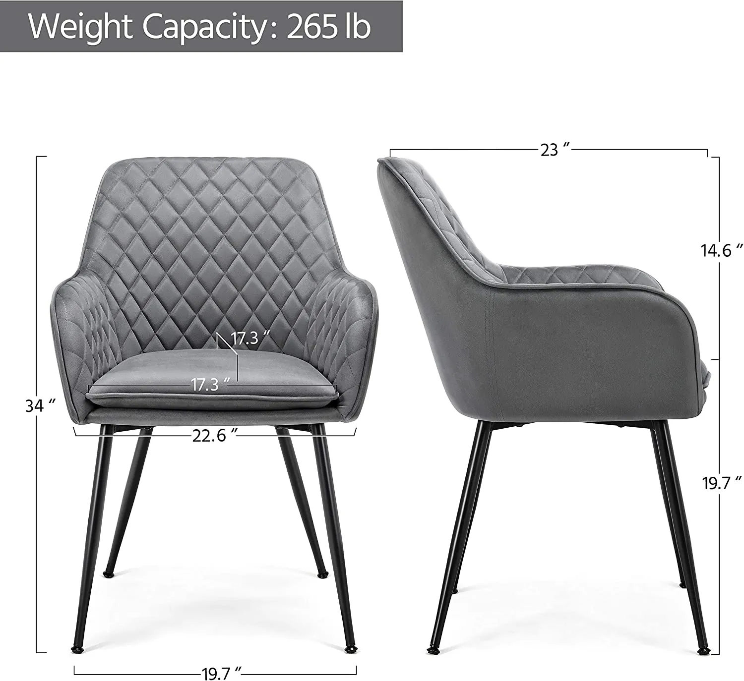 Dining  Velvet Armchairs Steel Legs Upholstered Gray, 6PCS