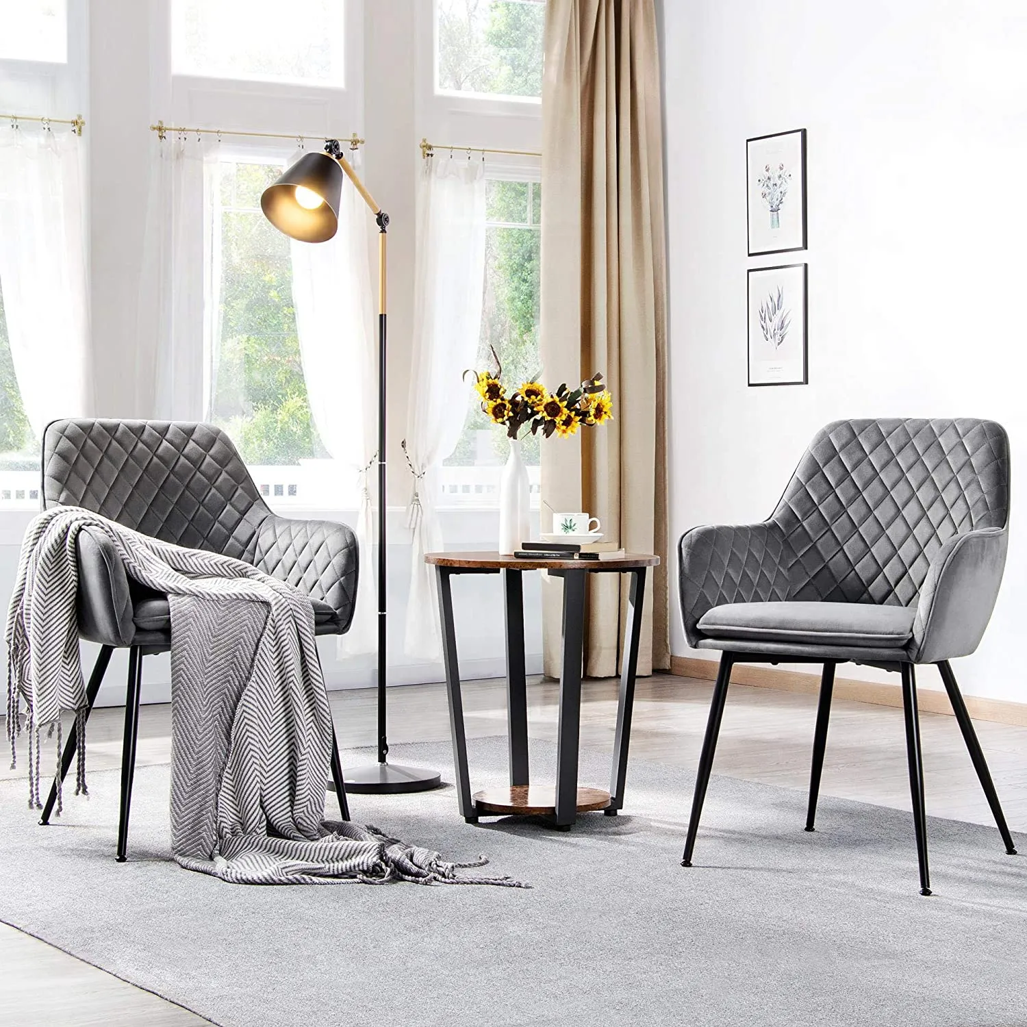 Dining  Velvet Armchairs Steel Legs Upholstered Gray, 6PCS