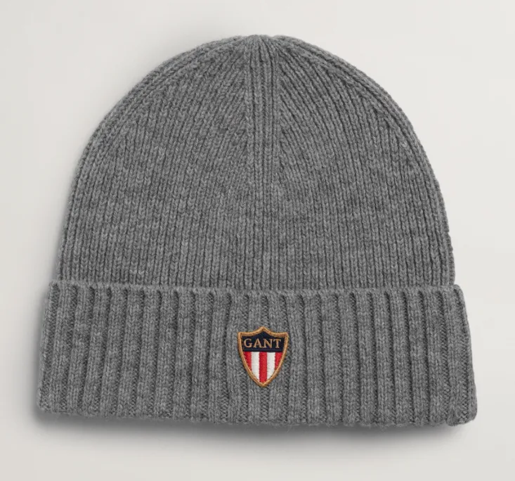 GANT - Banner Shield Wool Beanie, Grey Melange