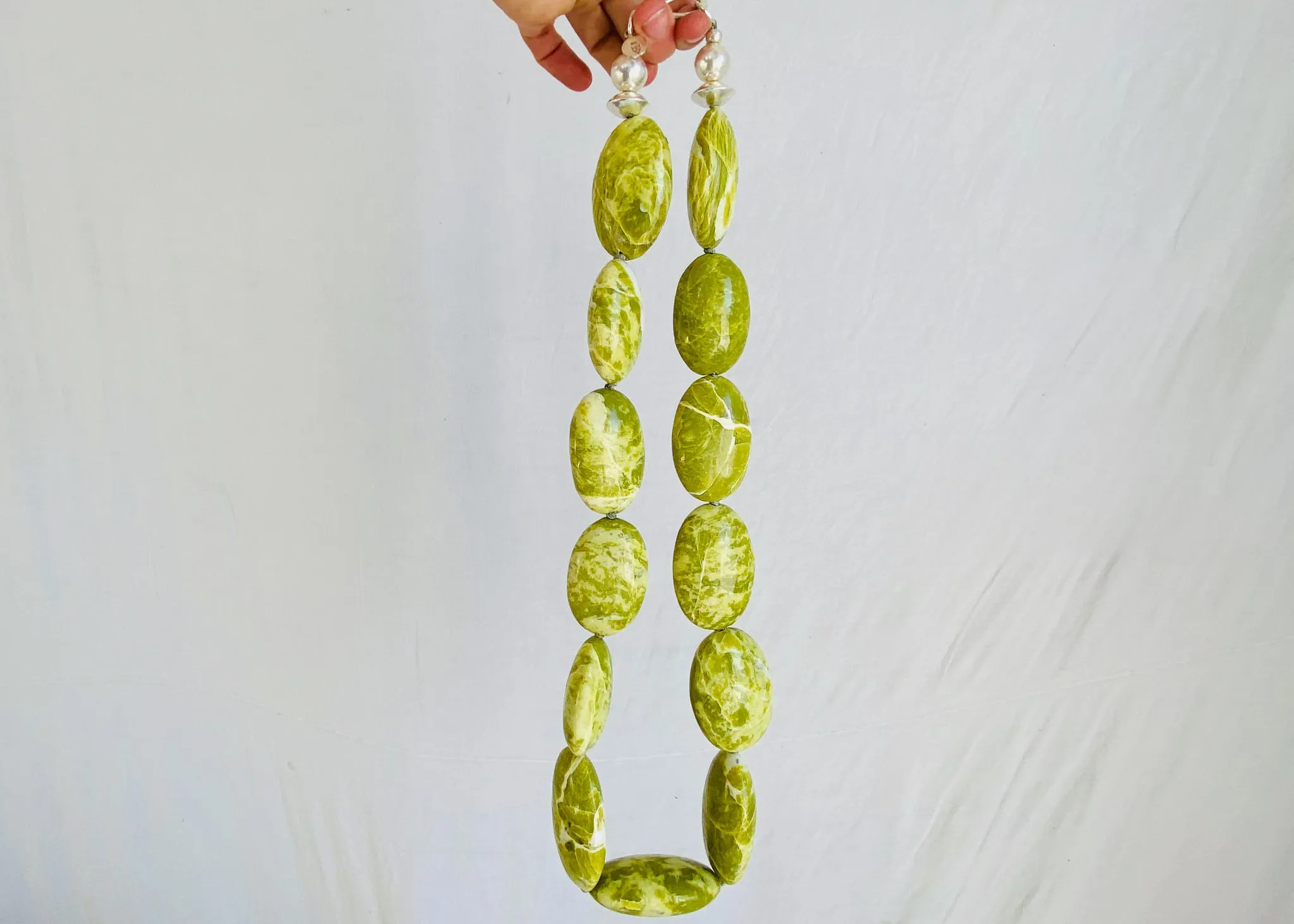 Long Serpentine Necklace. Yellow  Green. Large Spherical Beads.