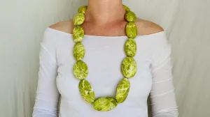 Long Serpentine Necklace. Yellow  Green. Large Spherical Beads.