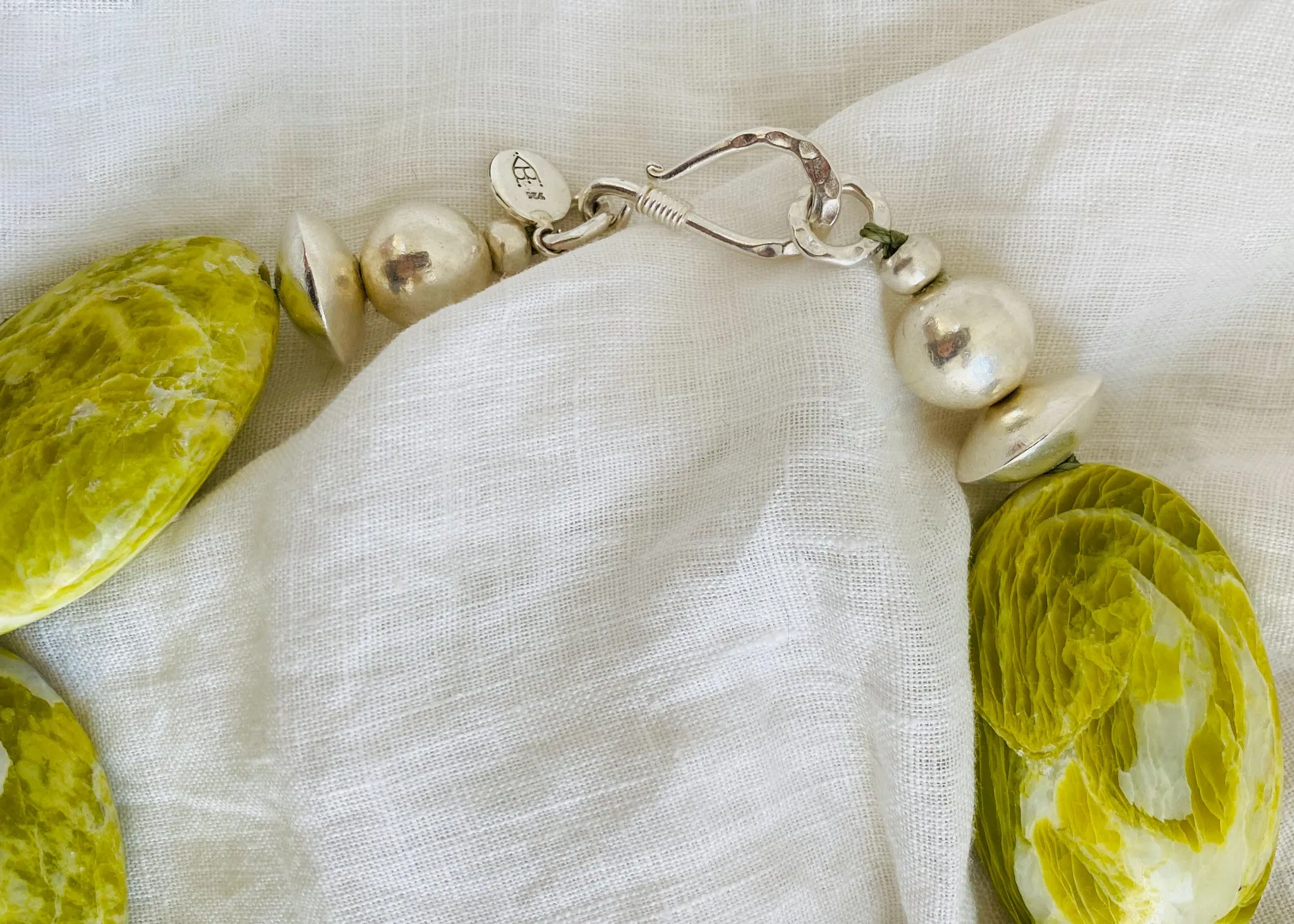 Long Serpentine Necklace. Yellow  Green. Large Spherical Beads.