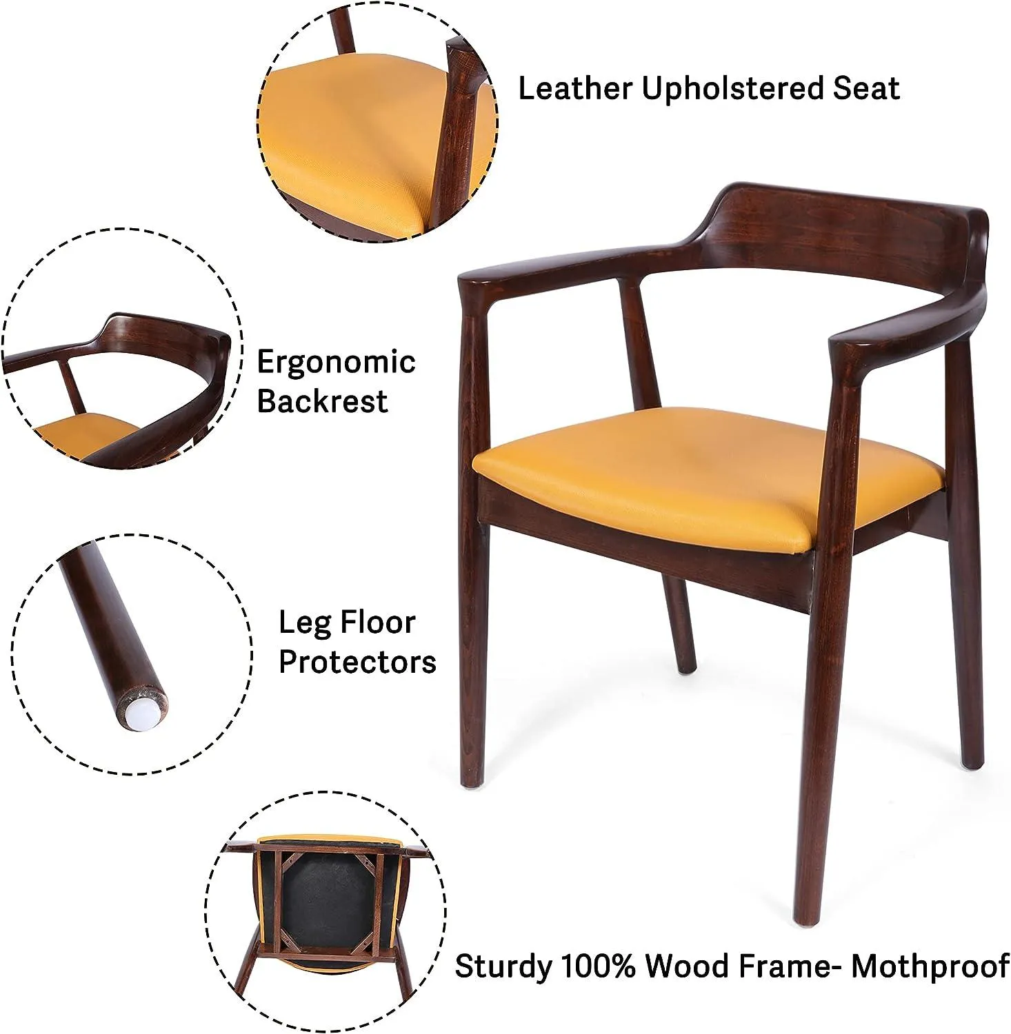 Mid-Century Modern Dining Chair Beech Wood Upholstered Side Chair with Armrest, Yellow