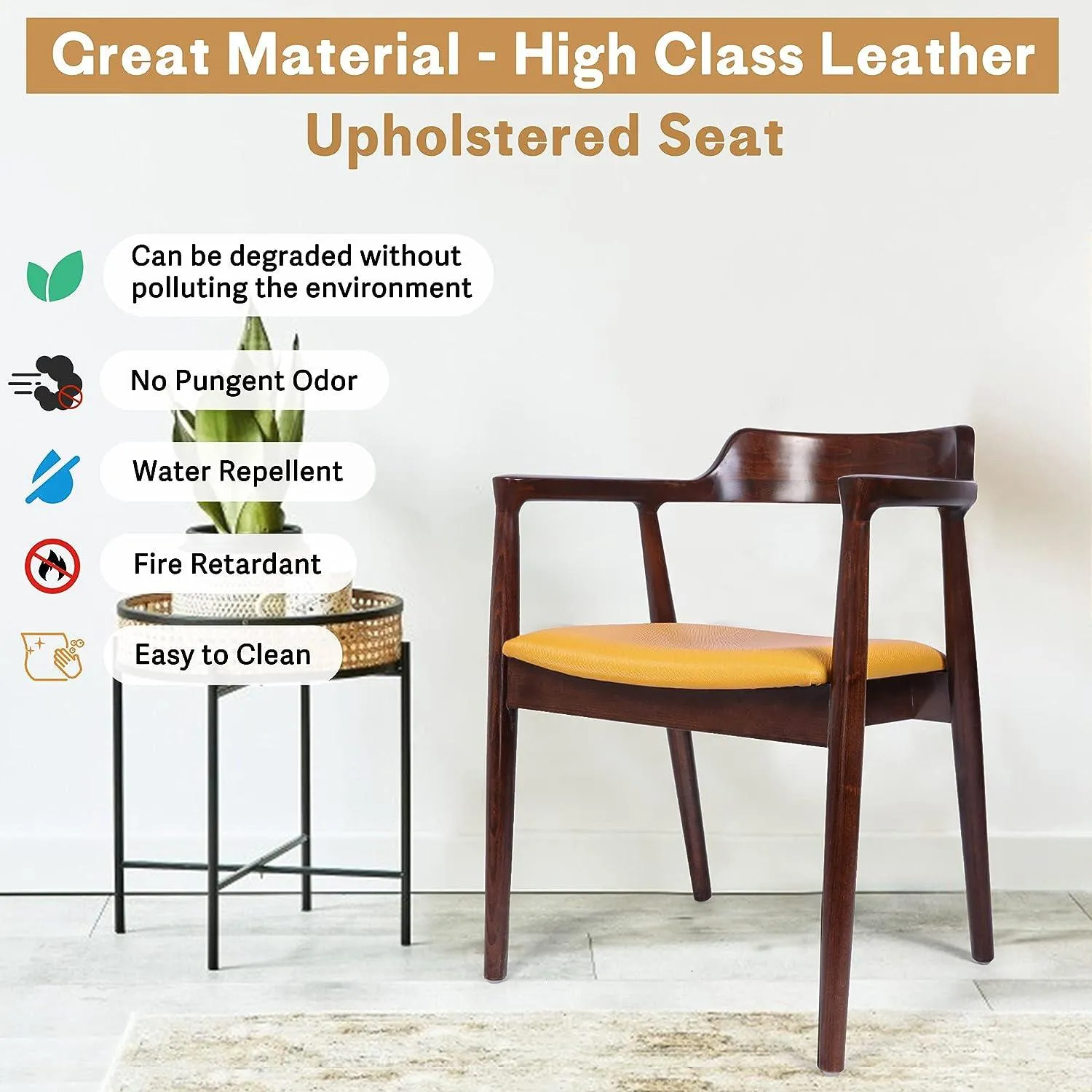 Mid-Century Modern Dining Chair Beech Wood Upholstered Side Chair with Armrest, Yellow