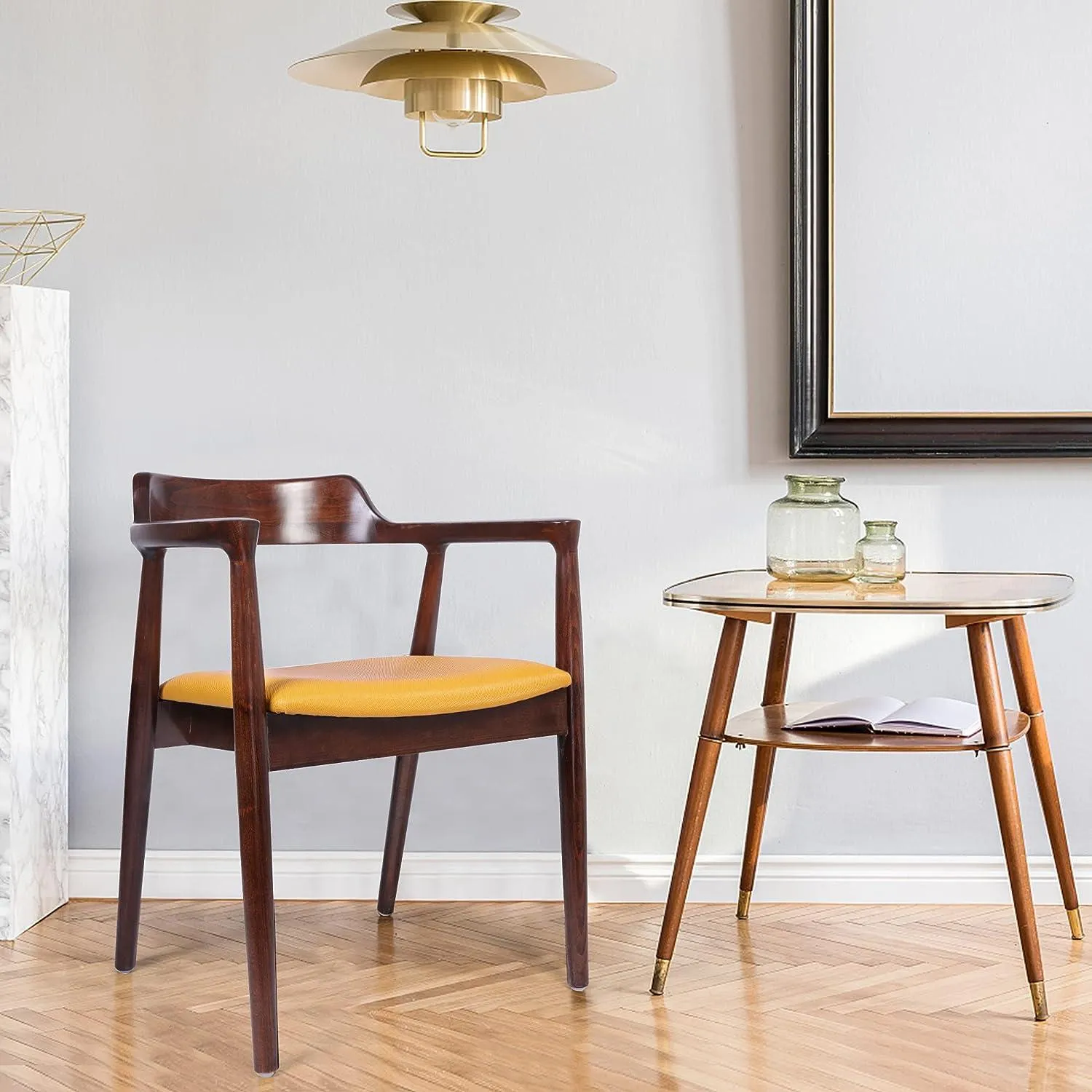 Mid-Century Modern Dining Chair Beech Wood Upholstered Side Chair with Armrest, Yellow