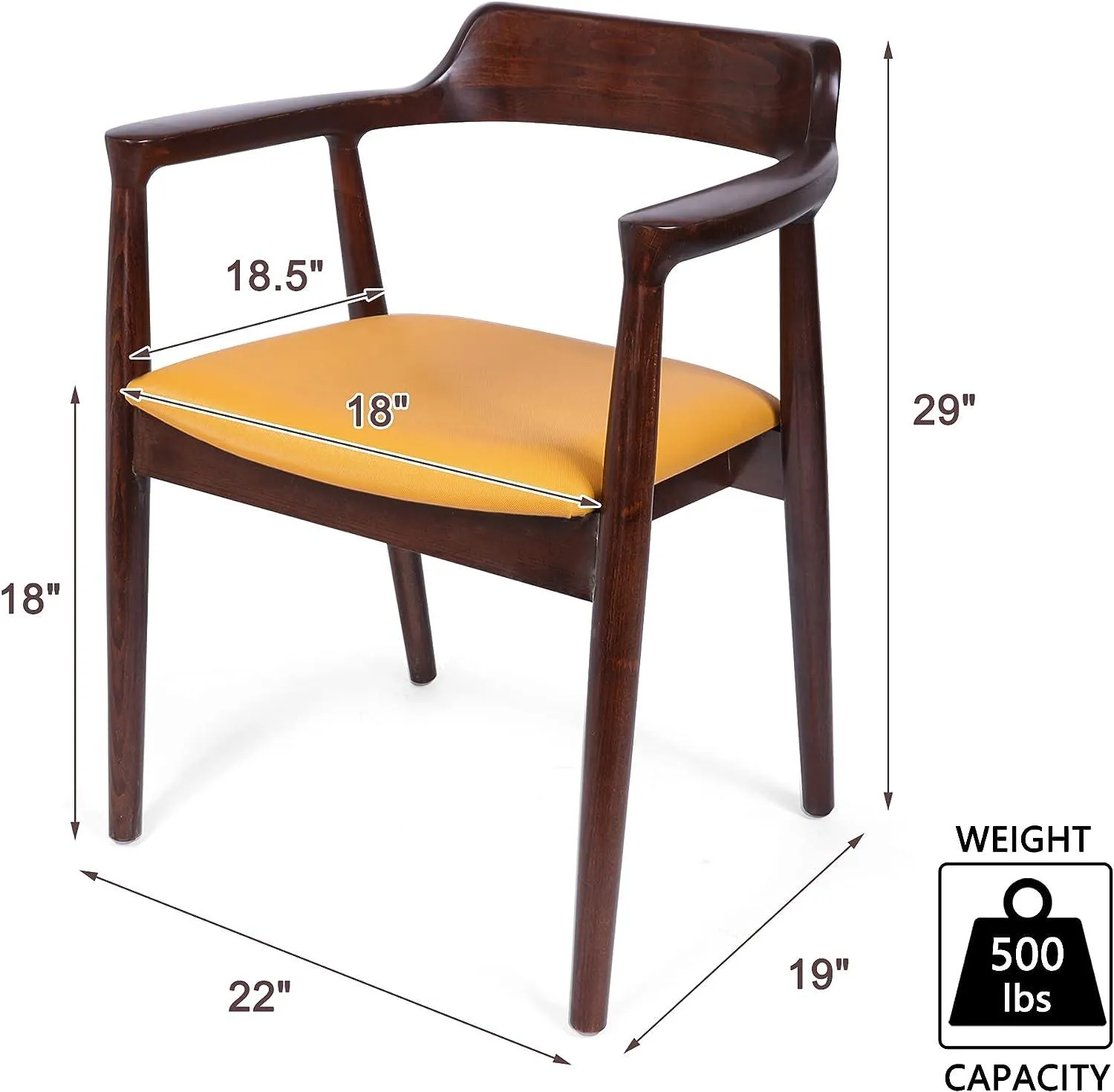 Mid-Century Modern Dining Chair Beech Wood Upholstered Side Chair with Armrest, Yellow