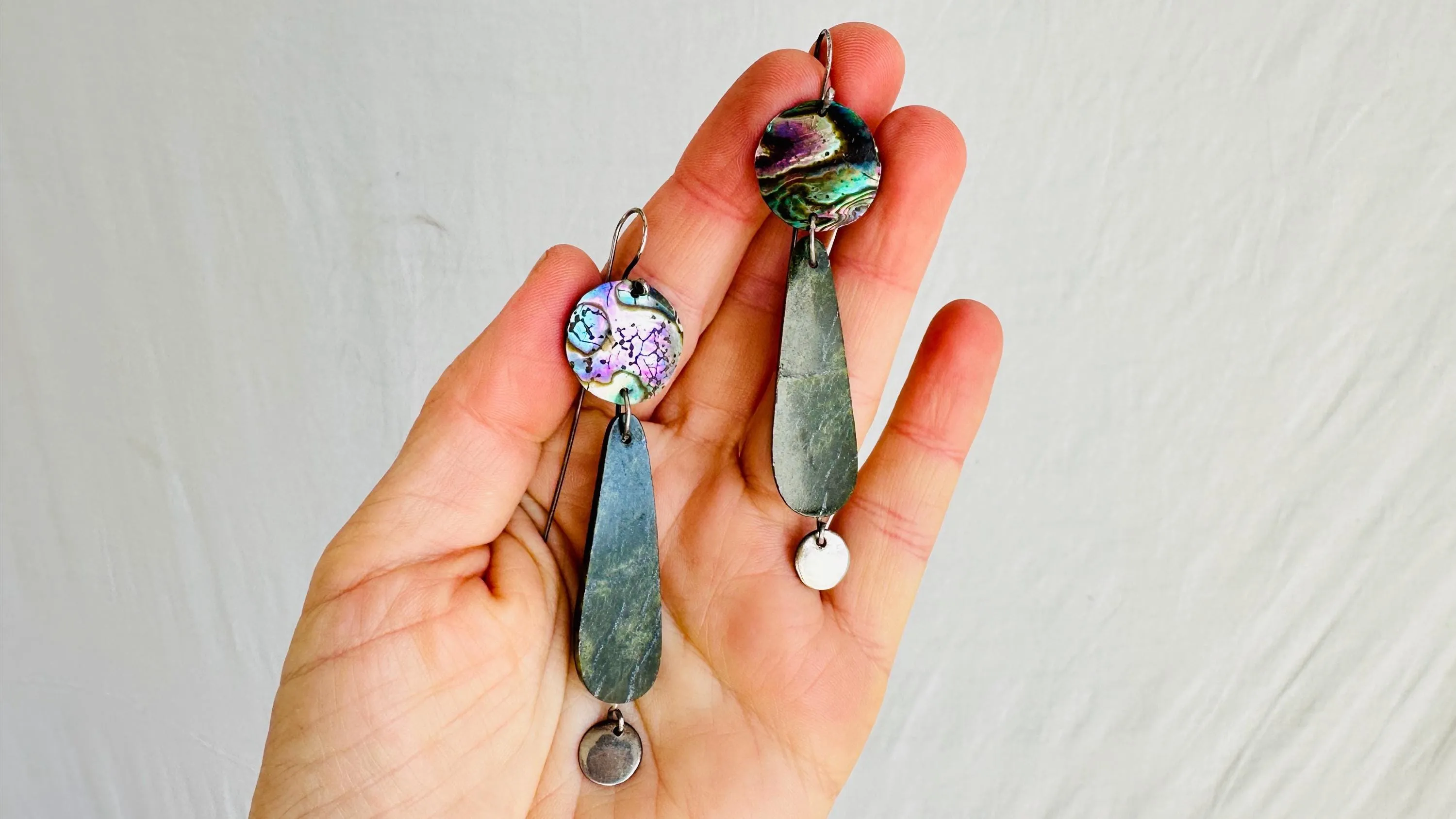 Paua and Serpentine Earrings. Handmade Designer Earrings. 4114