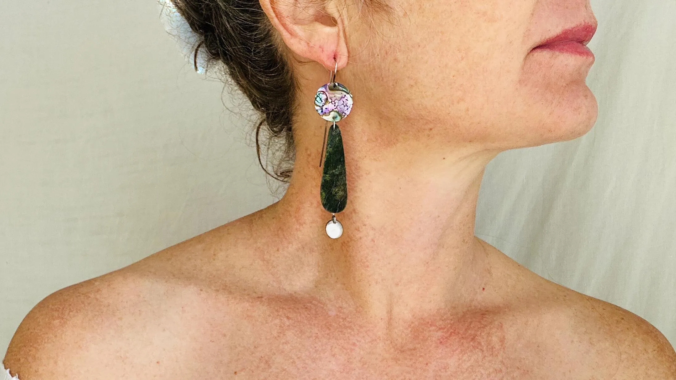 Paua and Serpentine Earrings. Handmade Designer Earrings. 4114