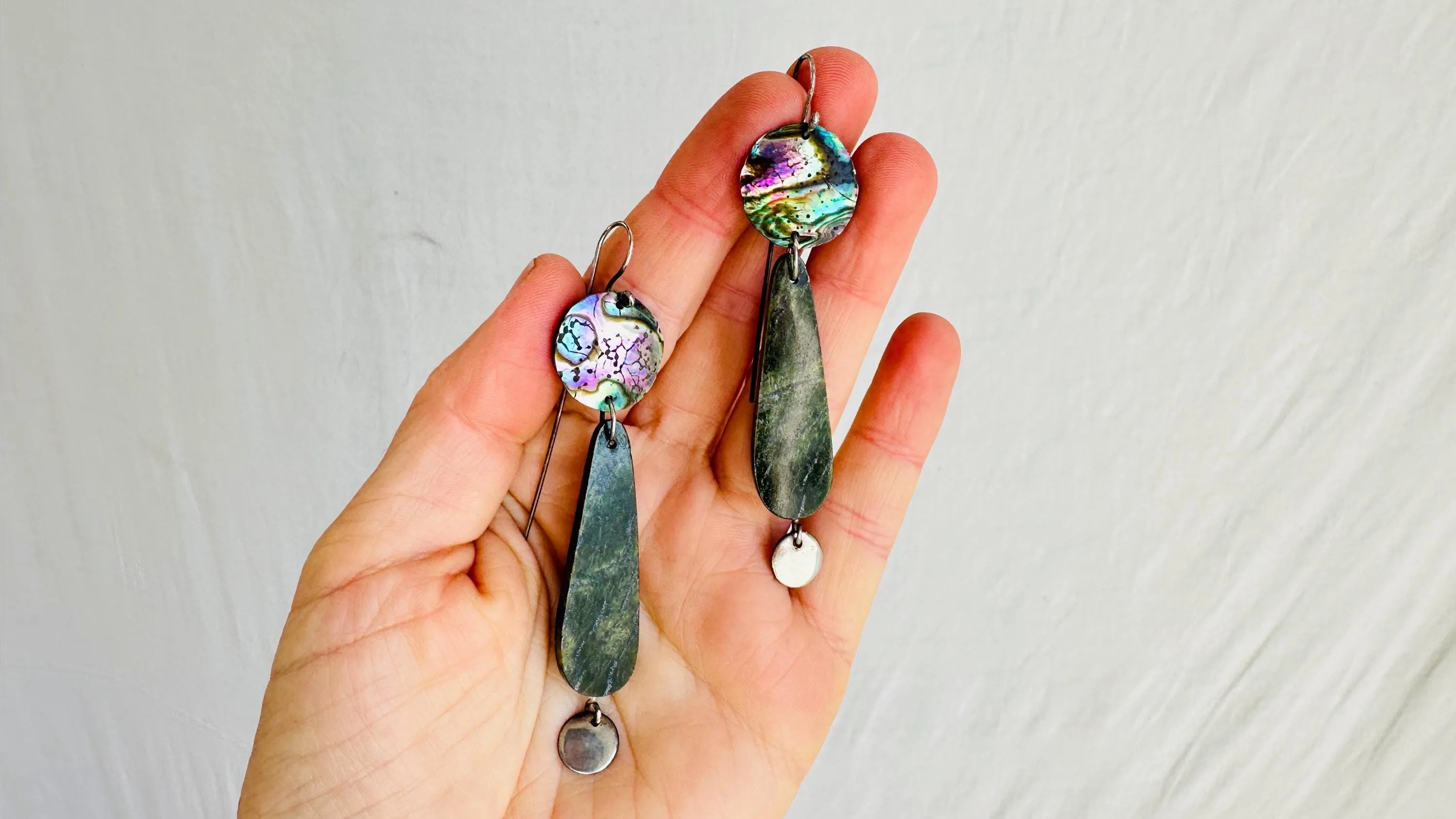 Paua and Serpentine Earrings. Handmade Designer Earrings. 4114