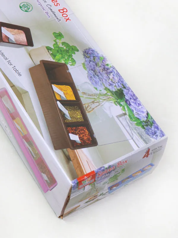 Set of 4 Spices Box with Tray & Spoons Brown