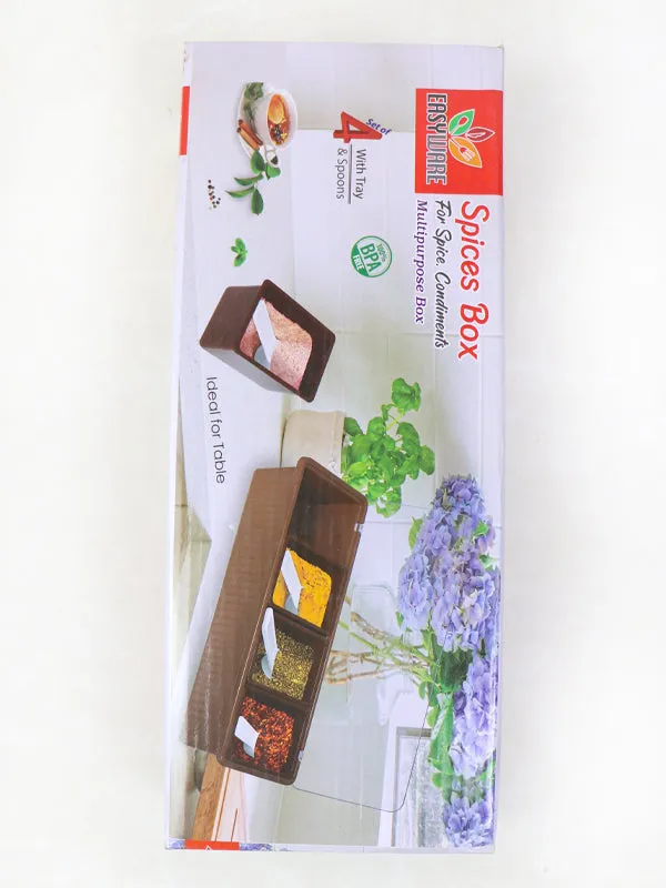 Set of 4 Spices Box with Tray & Spoons Brown